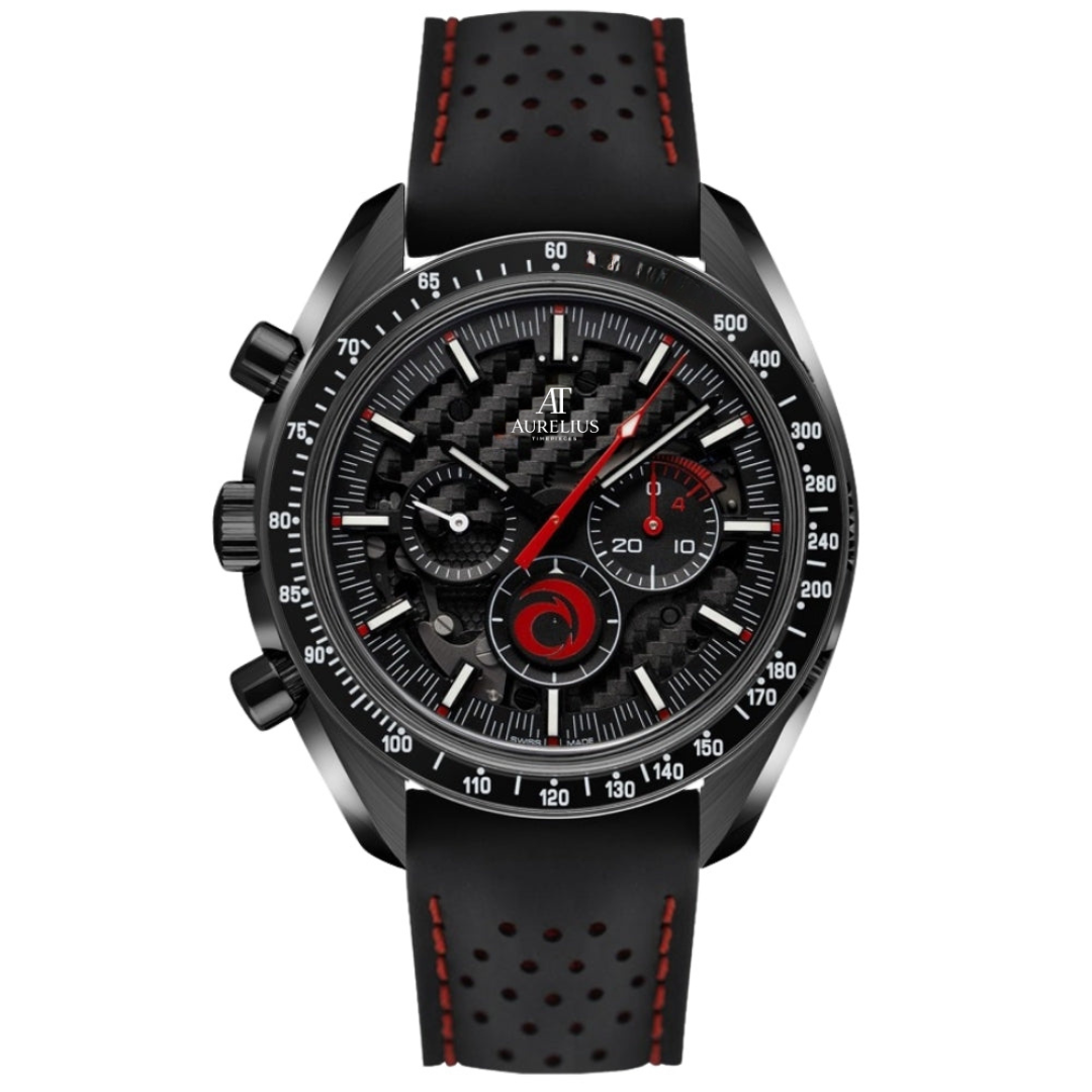 Chronographe Dark 44 – Cadran Squelette Noir avec Accents Rouges | Boîtier Noir & Bracelet Caoutchouc Noir
