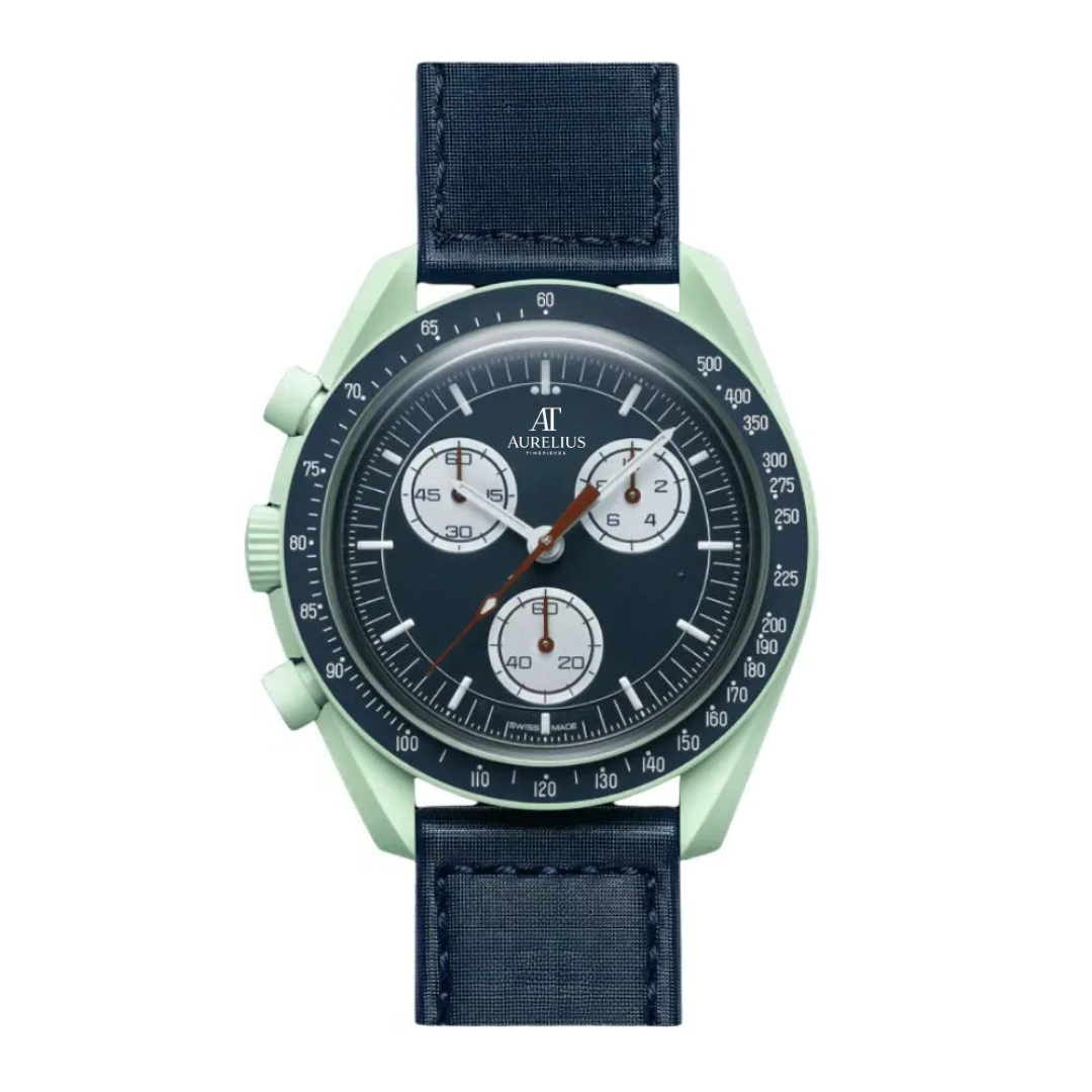 Chronographe 42 – Cadran Bleu & Vert | Boîtier Ton Sable & Bracelet Tissu Bleu & Lunette Tachymètre