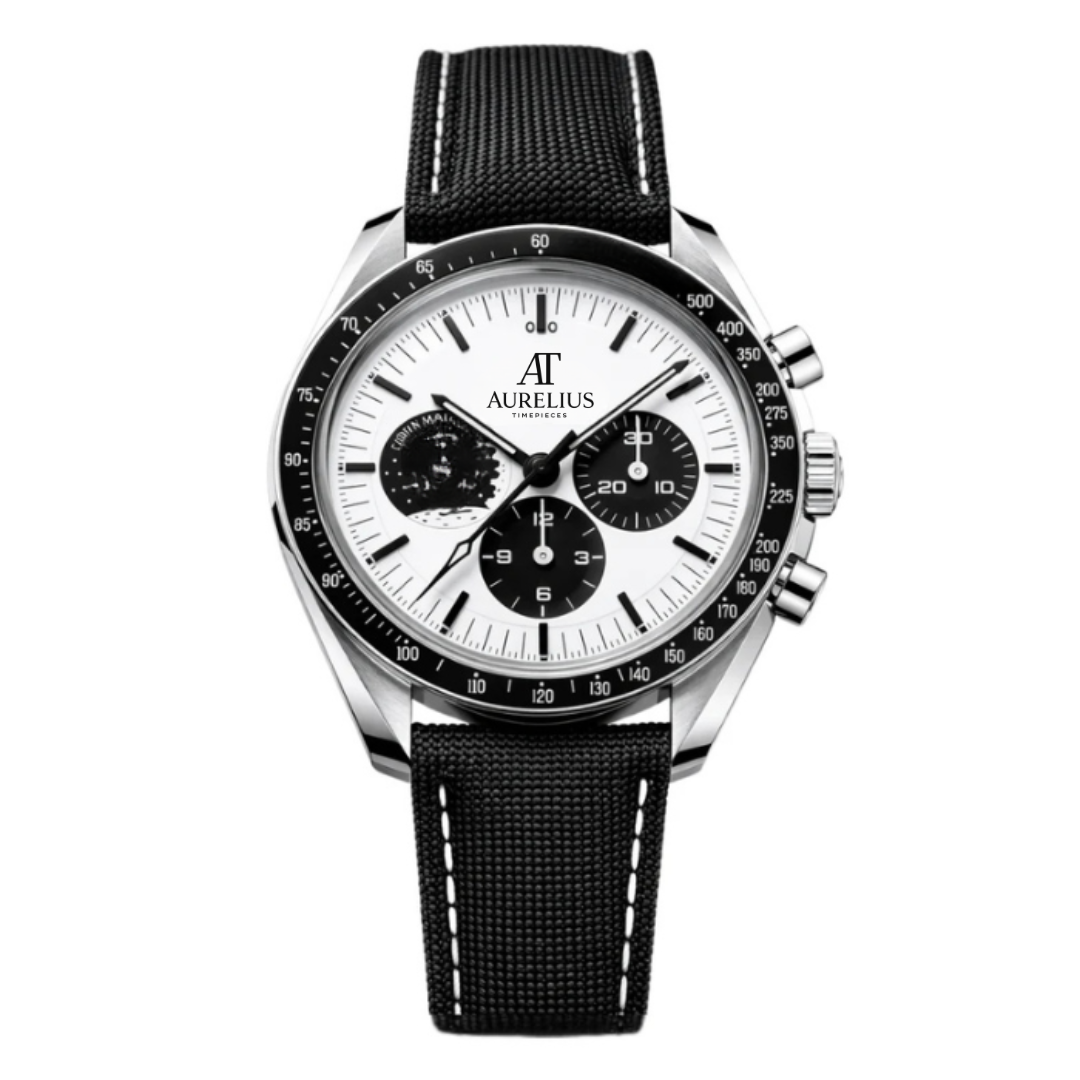 Chronographe 42 – Cadran Blanc avec Accents Bleus | Boîtier Acier & Bracelet Tissu Bleu & Lunette Tachymètre