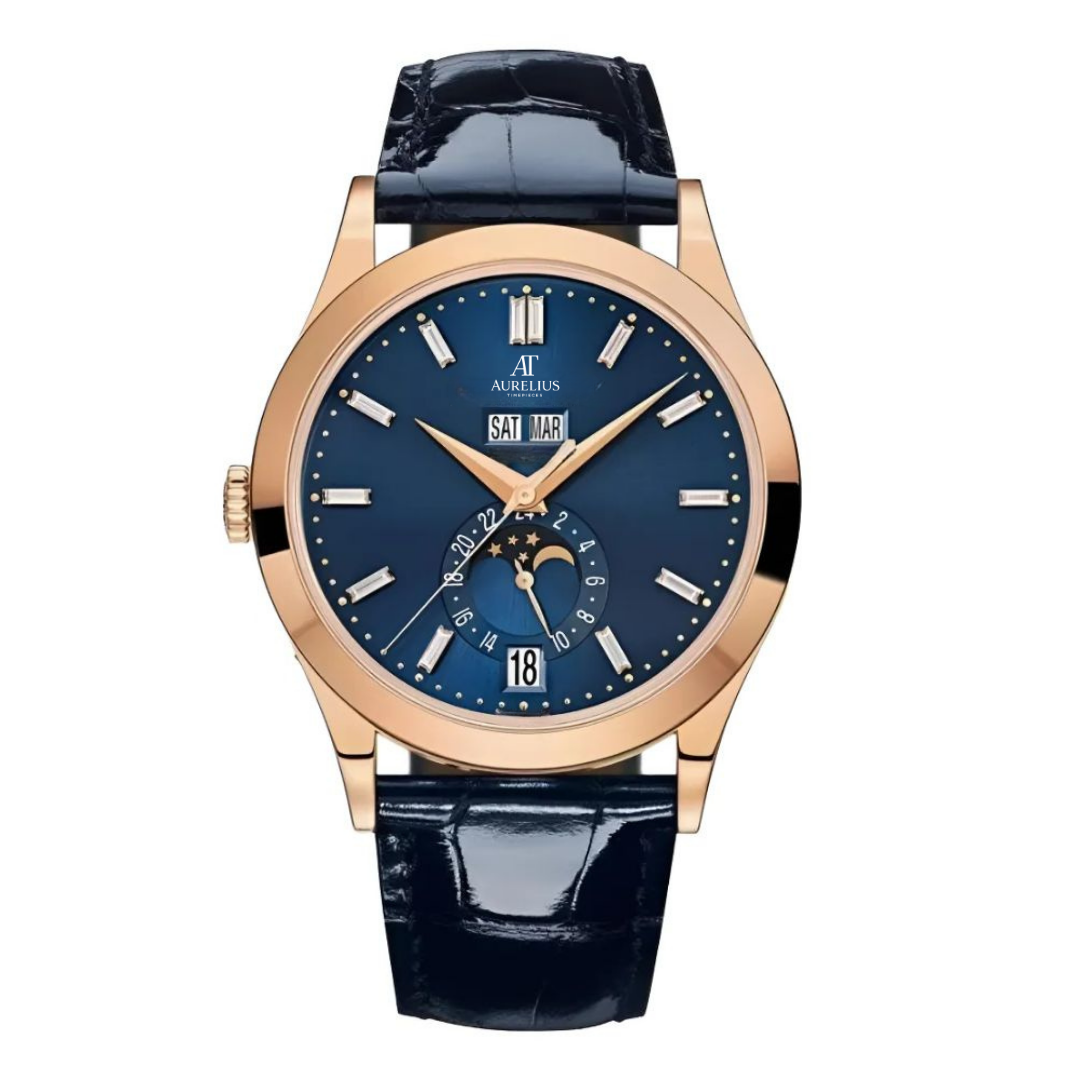 Calendrier Annuel 38 – Cadran Crème | Boîtier Ton Or Rose & Bracelet Cuir Marron